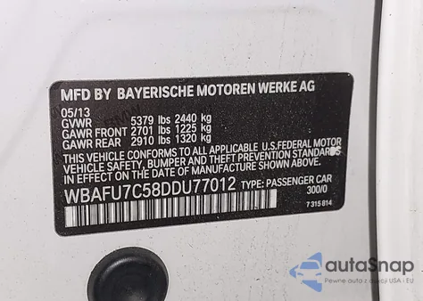 2013 BMW 535I xDrive from USA, damaged, VIN WBAFU7C58DDU77012